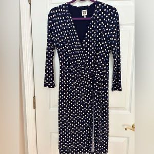 Anne Klein faux wrap knee length dress in navy blue with polka dots. Size medium